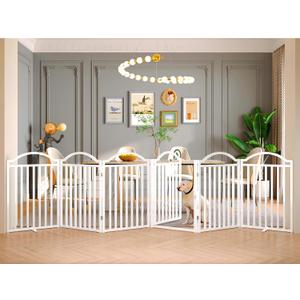 BHG Metal No-Assembly Freestanding Dog Gate with Door Walk Through, Extra Wide 144", Extra Tall 32" Pet Gate, Accordion Puppy Folding Playpen Dog Fence for Indoor & Outdoor, with 2PCS Support - White