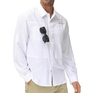 Men's UPF 50+ Sun Protection Fishing Shirts Long Sleeve Lightweight Hiking Travel Work Button Down Shirt Zipper Pocket (Large, White)