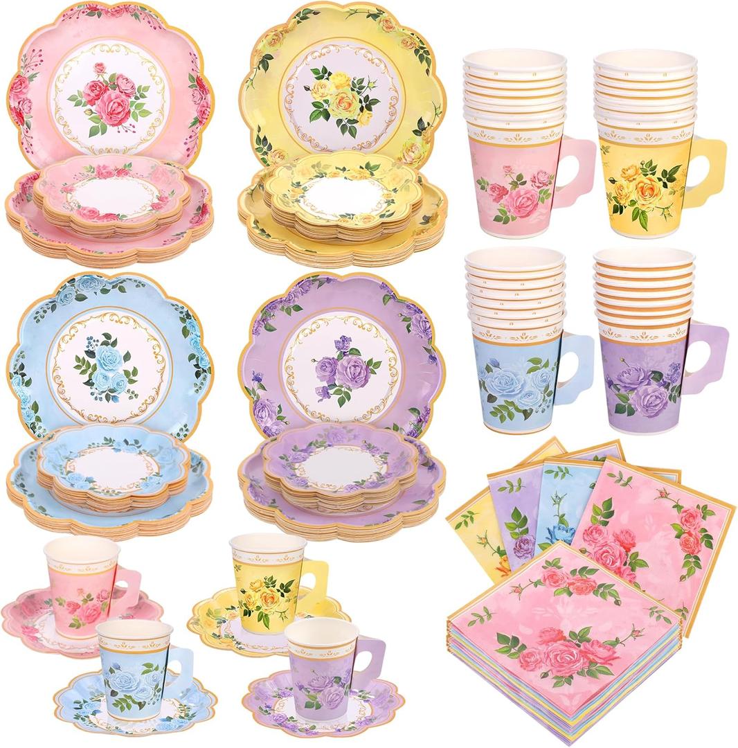 96 Piece Floral Paper Tea Cups and Saucers 9 Oz Teacup with Handle 9 Inch and 7 Inch Paper Plate Napkin Disposable Tea Party Supplies Serve 24 for Wedding Birthday, Pink, Blue, Yellow, Purple