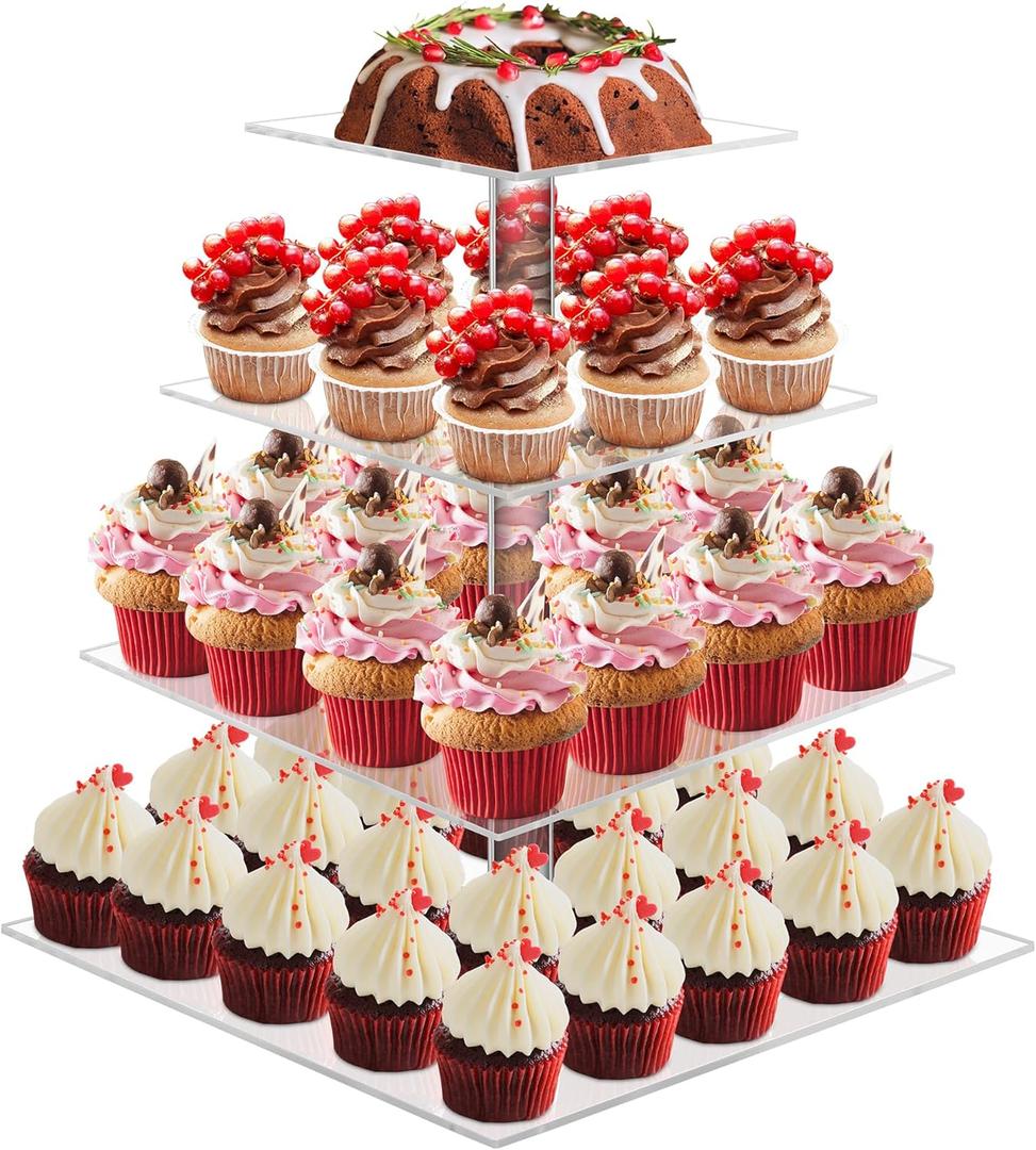 Cupcake Stand, 4 Tier Cupcake Stands for 52 Cupcakes, Square Acrylic Dessert Table Display, Clear Cupcake Tower Holder Display for Birthday, Wedding, Baby Shower, Party