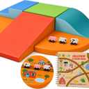 6-Piece Foam Climbing Blocks for Toddlers with Wooden Cars & Sticker Book, Glow in the Dark Race Track Soft Play Set, Indoor Kids Climbing Toys, CertiPUR-US® Foam, PU Leather