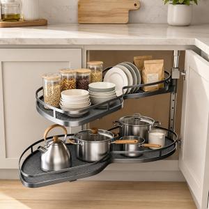 Blind Corner Cabinet Pull Out Organizer, Heavy Duty 2-Tier Soft Close System, Fits 12”-18” Cabinets, Left/Right Adjustable Magic Corner Storage for Kitchen Cabinets