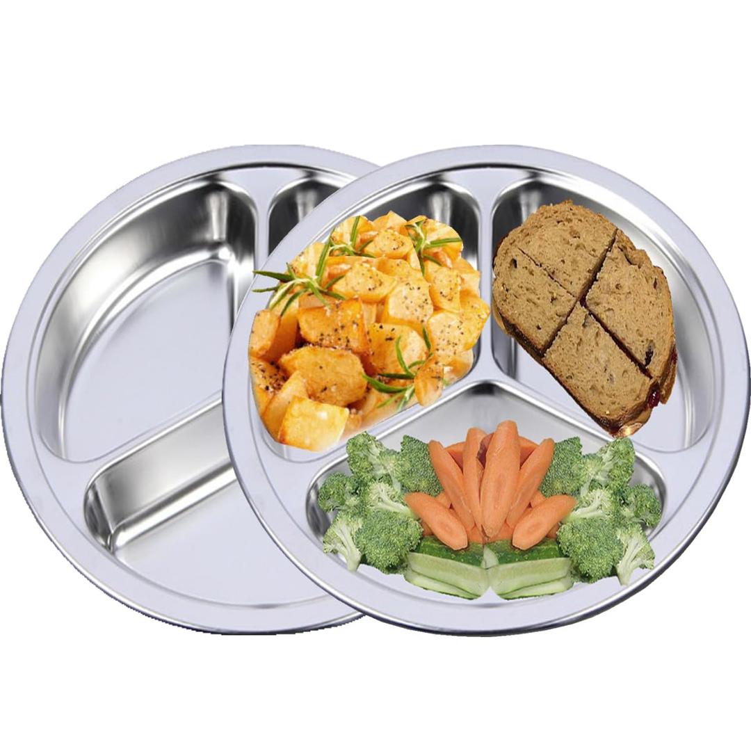 Stainless Steel Dinner Plates 2 Packs 8 Inch Portion Control Divided Plates for Adults Bariatric Weight Loss Diabetic Diet Reusable Camping Serving Round Dinner Plate 3 Compartment