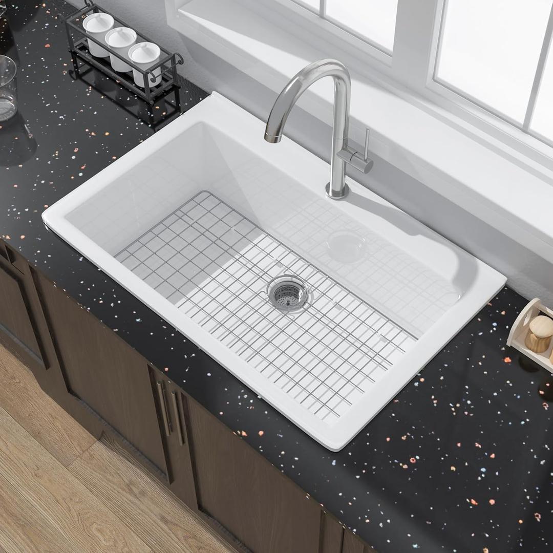 Miuara White Kitchen Sink Drop In 33 Inch 1 Hole - Topmount Fireclay Sink Drop In 33x22, Large Single Bowl, with 2 Custom Accessories, Glossy White, for Kitchen