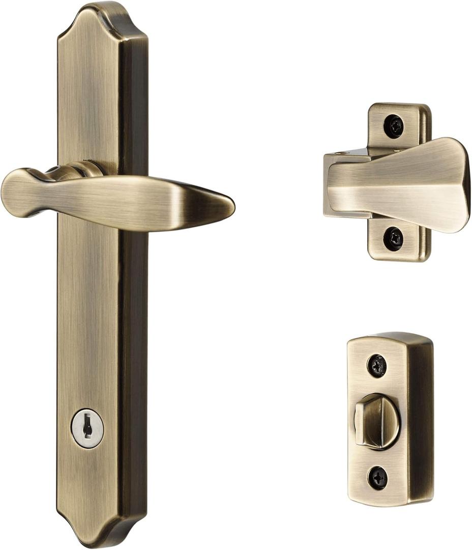 Ideal Security 1216 Surface Mount Storm Door Handle with Lock and Key for 1 1 inches Thick Doors (Antique Brass, 4-Posts)