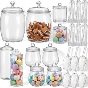 Suclain 10 Pcs Plastic Candy Jars with Lids Apothecary Jars with 6 Set Ice Tongs and Scoops Cookie Jar Candy Buffet Containers Candybar Supplies for Graduation Gift Birthday Party Wedding Decoration