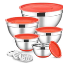 E-far Stainless Steel Mixing Bowls with Lids Set, 5-Piece Nesting Salad Bowls with 3 Grater Attachments and Non-Slip Bottoms, Size 4.6, 2.6, 2, 1.5, 1QT for Kitchen (Red)