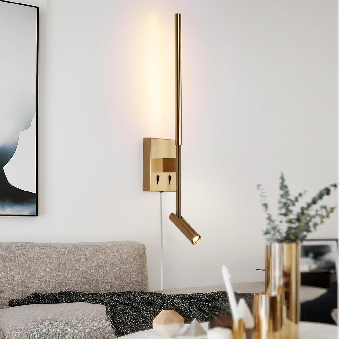 Modern Plug in Wall Sconce Indoor Ambient Lighting for Bedroom, Gold LED Wall Mounted Reading Lamp with Switch, Corded Minimalist Linear Wall Light with 5.9FT Clear Cord for Living Room Corner Hallway (1-PCS)
