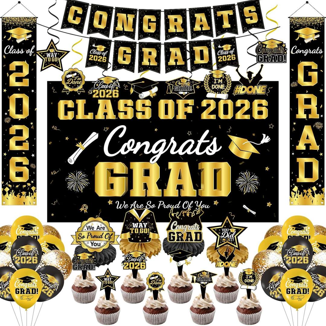 75pcs Graduation Decorations Class of 2026 - Party Supplies Set with Banner, Cupcake Topper, Backdrop & Balloons in Blue Gold Theme