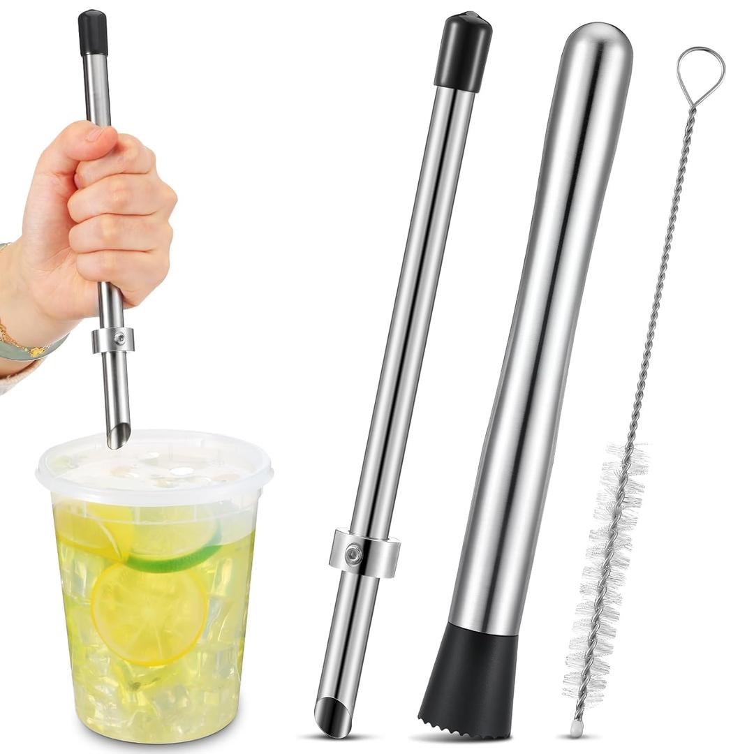 2 Pcs Straw Puncher and Muddler for Lemonade Plastic Lids Cups, Straw Hole Puncher, 304 Stainless Steel Muddler, Fresh Squeezed Lemonade Stand Supplies