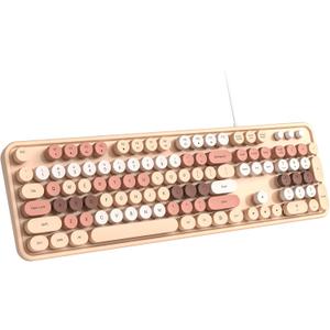 Wired Keyboard, 104 Keys Full-Sized Typewriter Keyboards, USB Plug and Play Office Keyboard with Number Pad, Caps Indicators, Foldable Stands for Windows, PC, Laptop, Desktop (Milk-Tea)