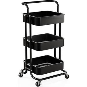 Pipishell 3 Tier Mesh Utility Cart, Rolling Metal Organization Cart with Handle and Lockable Wheels, Multifunctional Storage Shelves for Kitchen Living Room Office Black
