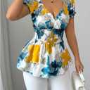 SOLY HUX Women's Floral Blouse V Neck Puff Sleeve Shirred Peplum Ruffle Hem Summer Tops (S)