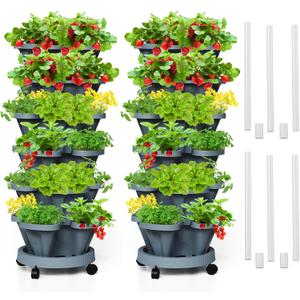 Strawberry Vertical Planter Tower Garden 2 Pack, 6 Tiered Stacking Planter with Support Pole, Stackable Herb Planter Indoor Outdoor Dark Grey