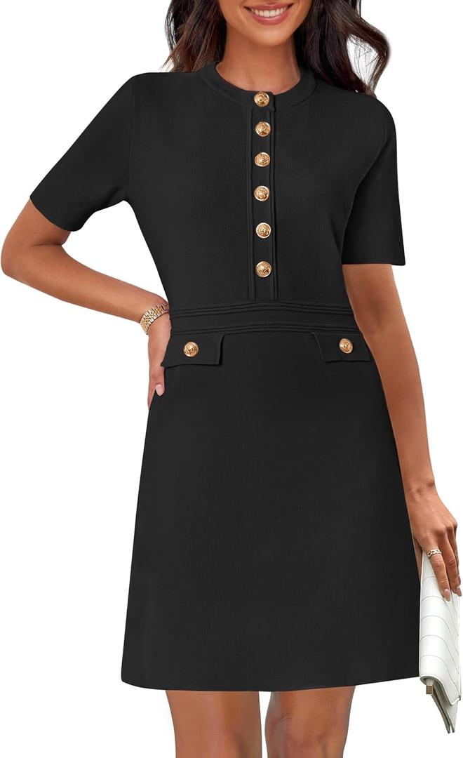 MEROKEETY Women's Summer Bodycon Sweater Dress Business Casual Outfis Short Sleeve Knit Button Formal Elegant Work Dress (Black, L)