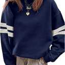 EARKOHA Women Oversized Sweatshirt Crewneck Striped Drop Shoulder Long Sleeve Color Block Pullover Tops (Medium, Blue)