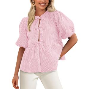 PRETTYGARDEN Women's Tie Front Striped Shirt 2025 Summer Trendy Fashion Cute Babydoll Tops Peplum Puffy Sleeve Blouse (X-Large, Pink)
