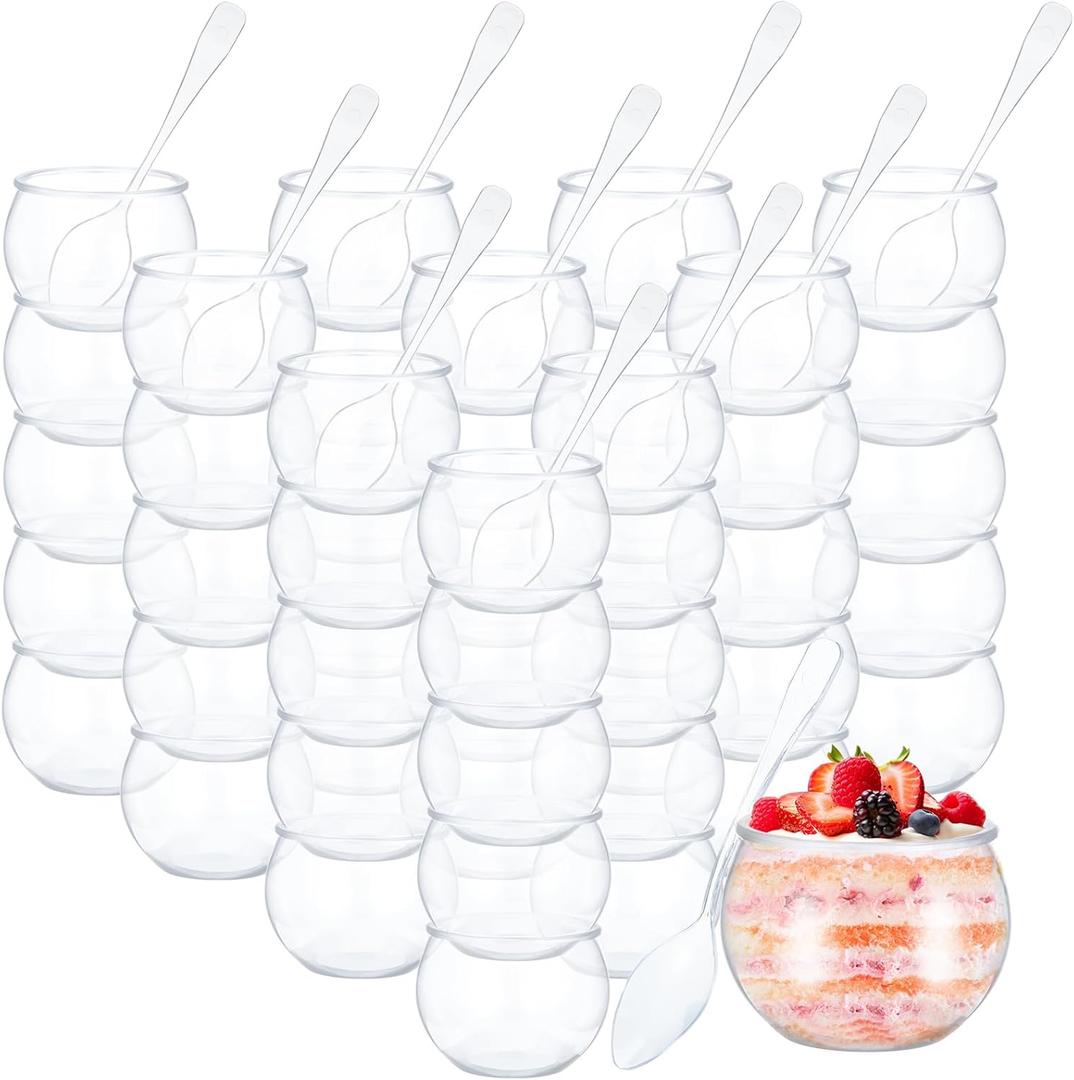 EBOOT 100 Pcs 2 oz Mini Dessert Cups with Spoons, Sphere Plastic Fish Cup Disposable Round Plastic Bowl Small Clear Parfait Bowl for Wedding Event Birthday Party Mousse Pudding Appetizer Serving