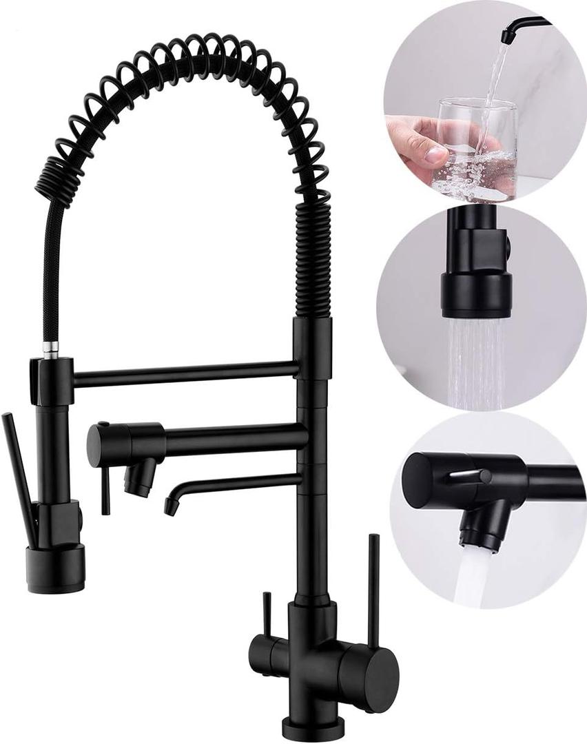 Delle Rosa Kitchen Faucet,3 Way Drinking Water Faucet, Modern Kitchen Faucet with Pull Down Sprayer, Dual Handles Kitchen Sink Faucets,3 in 1 High Arc Water Filter Purifier Faucets Matte Black