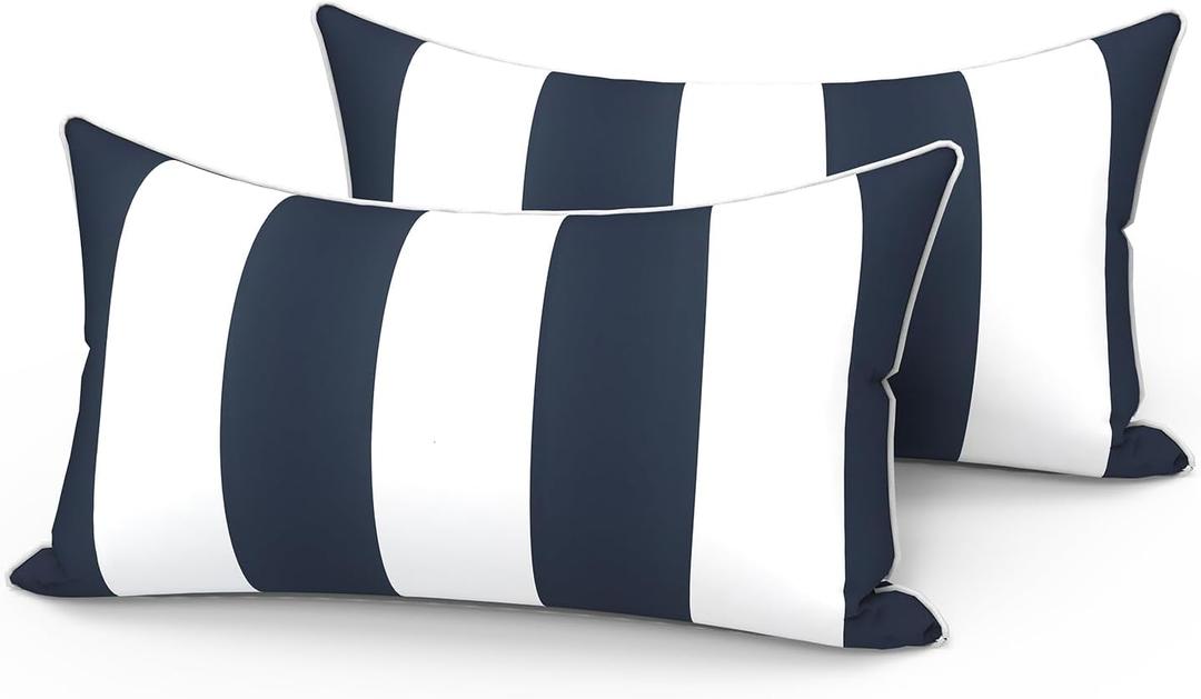 LVTXIII Set of 2 Outdoor Lumbar Pillows for Patio Furniture with White Piping, 12"x20" Fade Resistant Patio Lumbar Pillows with Inserts for Home Coach Sofa Use, Cabana Navy