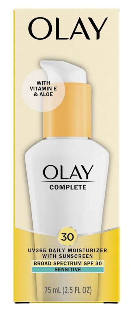 Olay Face Moisturizer, Complete with Sunscreen SPF 30, Fragrance-Free for Sensistive Skin, Broad Spectrum Sun Protection, Long-Lasting Hydration, Non-Comedogenic - Vitamin E & Aloe - 75ml