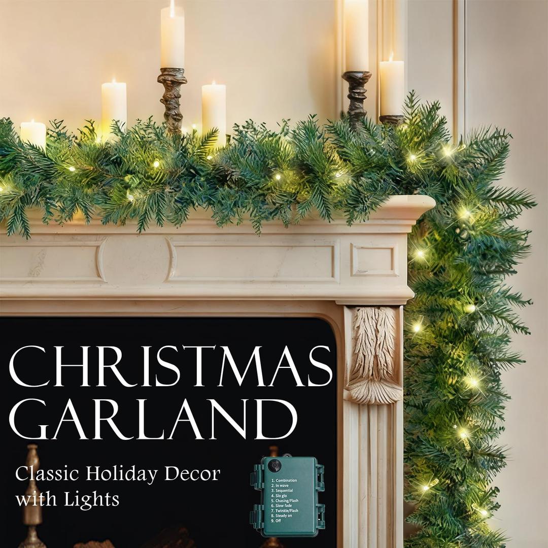 2-Pack 9FT Lighted Christmas Garland, Prelit Christmas Garland with Lights Battery Operated, Artificial Xmas Decorations Holiday Decor for Stairs Door Indoor Fireplace Garlands