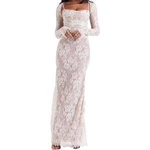 Women Vintage Cream Lace Maxi Dress Romantic Long Sleevees Lace Bodycon Dress White L