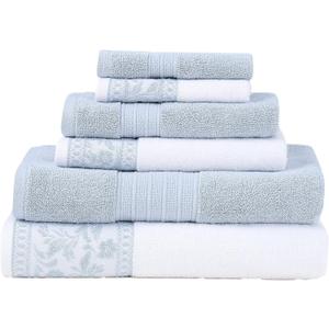 Modern Threads Allie 6-Piece 100% Cotton Towel Set  Jacquard Floral Border  Includes 2 Bath Towels, 2 Hand Towels, 2 Washcloths  Absorbent, Quick Dry, Soft & Durable  Light Blue