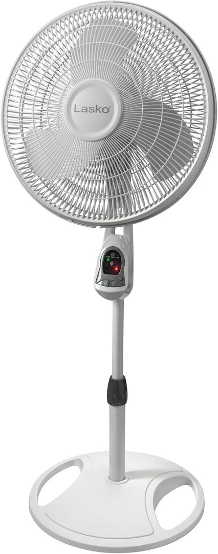 Lasko Oscillating Adjustable Pedestal Stand Fan with Timer and Remote for Indoor, Bedroom, Living Room, Home Office & College Dorm Use, 16 Inch, White, 1646, 47 In. Tall
