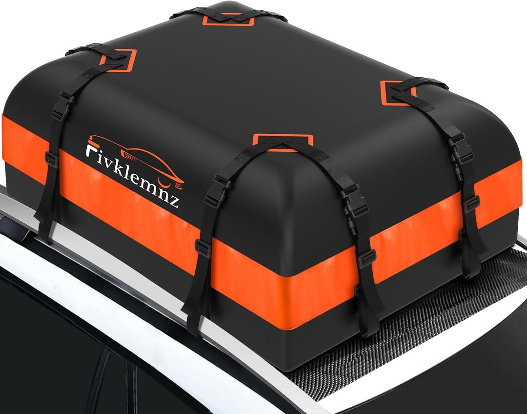 FIVKLEMNZ Car Rooftop Cargo Carrier Roof Bag Waterproof for All Top of Vehicle with/ Without Rack Includes Topper Anti-Slip Mat + Reinforced Straps + 6 Door Hooks + Luggage Lock