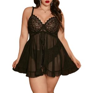 OYOANGLE Women's Plus Size 2 Piece Lace Sheer Open Front Underwire Chemise Nightdress with Panty Lingerie Set (XX-Large Plus, Black)