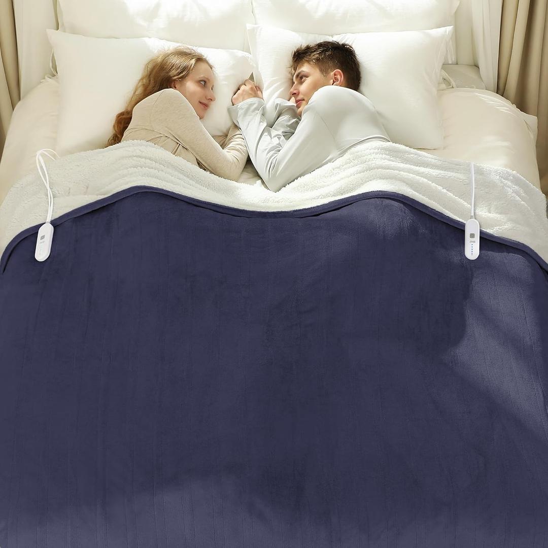 Heated Blanket Queen Size 84" x 90" - Warm Flannel Sherpa Electric Blanket with Dual Control for Home, 5 Heating Levels & 10 Hours Auto Off, Overheat Protection (Purple)