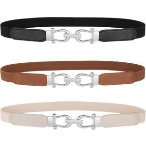 JASGOOD Women Skinny Elastic Belt for Dresses,Thin Retro Stretch Waist Belt with Golden Buckle (XS Belt Length 23in,Up to 27in, A-black+brown+beige(silver Buckle))