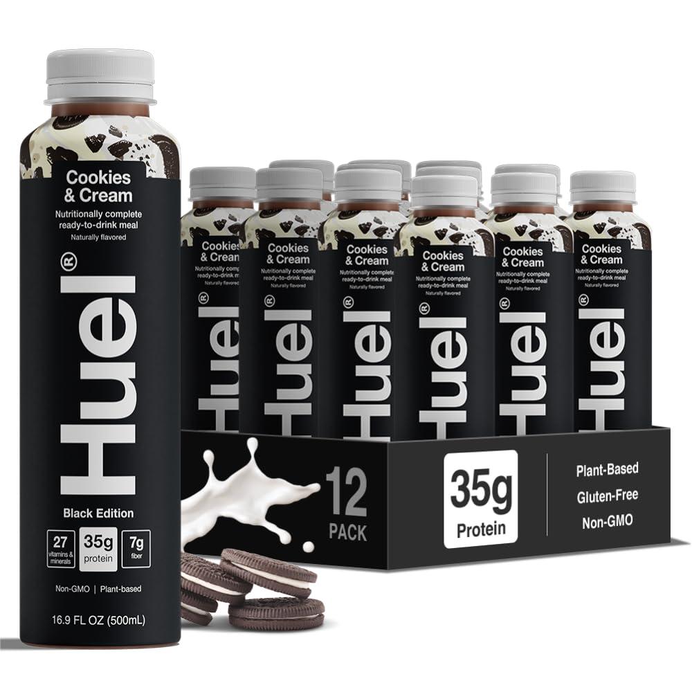 Huel Black Edition Ready-to-Drink | Cookies and Cream Meal Replacement Shake | 35g High Protein Drink | 27 Vitamins & Minerals, Vegan, Gluten Free | Plant Based | High Fiber, Low Sugar | 16.9 Fl Oz, 12 Pack