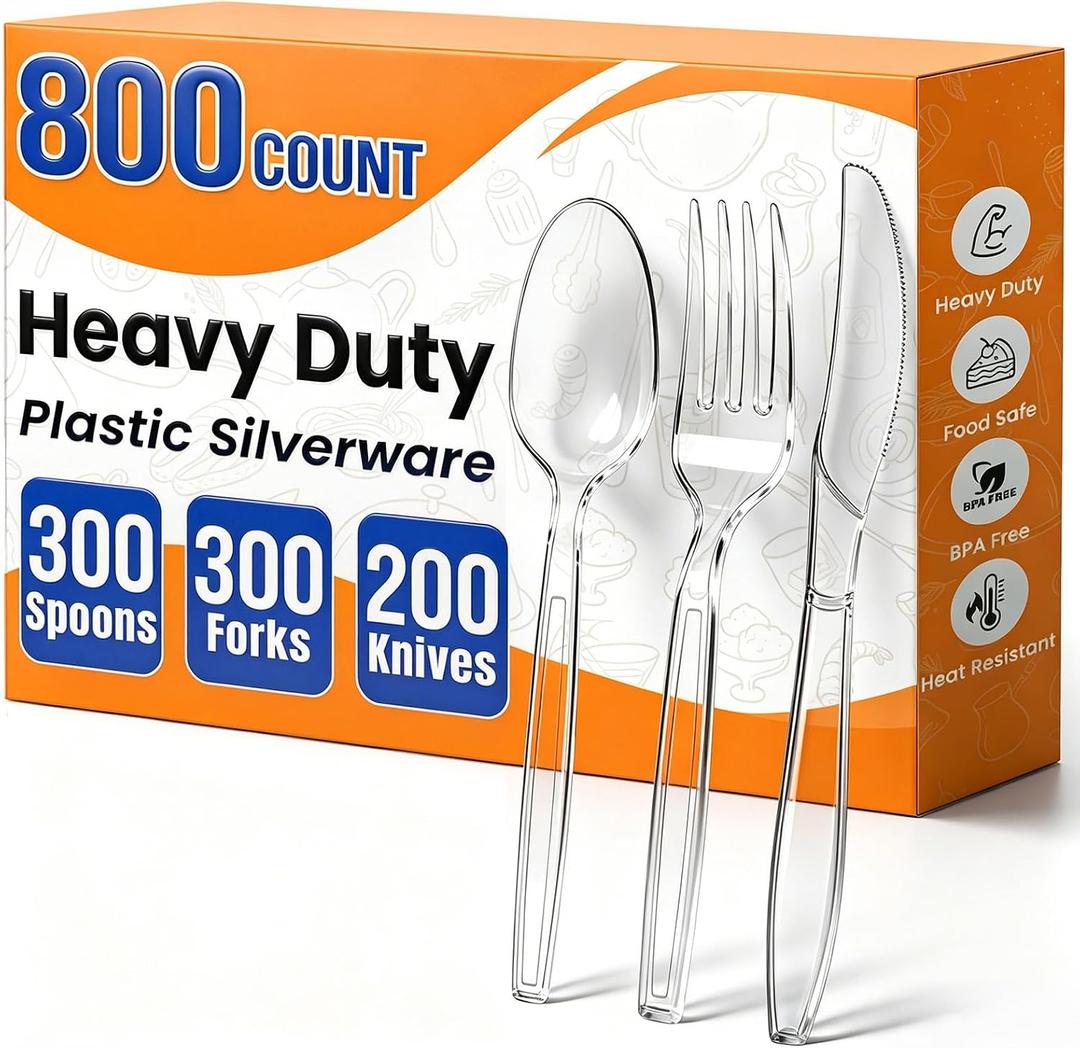 800 Count Plastic Silverware Heavy Duty,Clear Disposable Plastic Utensils Set,300 Forks, 300 Spoons,200 Knives,BPA-Free, Heat Resistant PlasticCutlery, Plasticware Bulk for Catering & Events, Daily