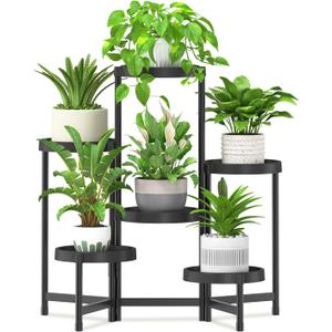 iDavosic.ly 6 Tier Folding Plant Stand Indoor Outdoor with Plastic Tray, Tiered Corner Flower Holder Shelf, Metal Orchid Display Rack for Patio Porch Living Room Garden Balcony, Modern Black