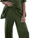 Tankaneo Women's 2 Piece Travel Outfits Casual Short Sleeve Knit Sweater Set Wide Leg Pants Lounge Sets Tracksuit (Large, Army Green)