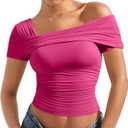 SUUKSESS Women One Off The Shoulder Summer Tank Tops Ruched Short Sleeve Shirts (Pink, M)