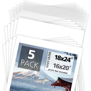 Mat Board Center, Pack of 5, 18x24 for 16x20 White Photo Picture Mat Set - Mat, Backing, Clear Bag - Acid Free, 4-ply Thickness - for Pictures, Photos, Framing