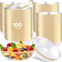 Newtay 100 Pcs 12 oz Disposable Plastic Soup Bowls with Gold Rim Disposable Bowl for Party Dessert Candy Ice Cream Snacks Heavy Duty Elegant Salad Dish for Birthday Wedding Event Use (Clear Gold Edge)
