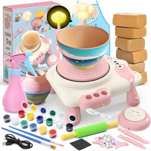 Skirfy Pottery Wheel for Kids Beginners with Light,Arts and Crafts for Kids Ages 8-12,Ceramic Wheel with Painting Kit, Adjustable Speed,Birthday Christmas Thanksgiving Gift for Girls Boys Age 6+