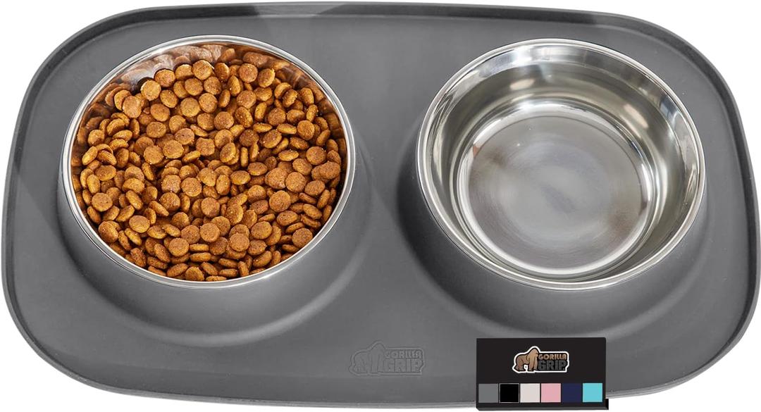 GORILLA GRIP Feeding Mat Set, Patent Pending 100% Waterproof BPA Free Silicone, Stainless Steel Cat and Dog Bowls, Slip Resistant, High Edges Catch Water Food, US Designed Pet Accessories, 2 Cup Gray