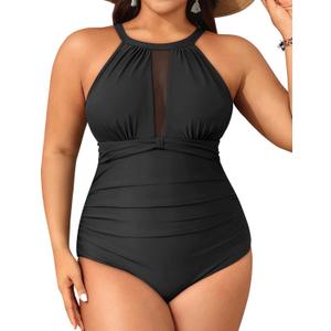 Aqua Eve Plus Size Women One Piece Swimsuit Tummy Control Bathing Suit High Neck Swimwear Black 20W