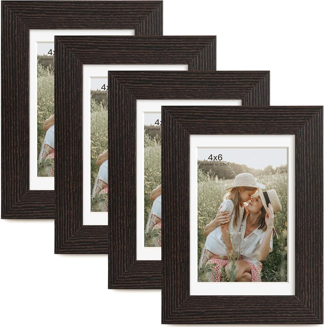 4x6 Picture Frame with Mat for 3.5x5, Distressed Black Wood Grain Gallery Wall Picture Frames for Tabletop or Wall Mounting(4 Pack, Black)