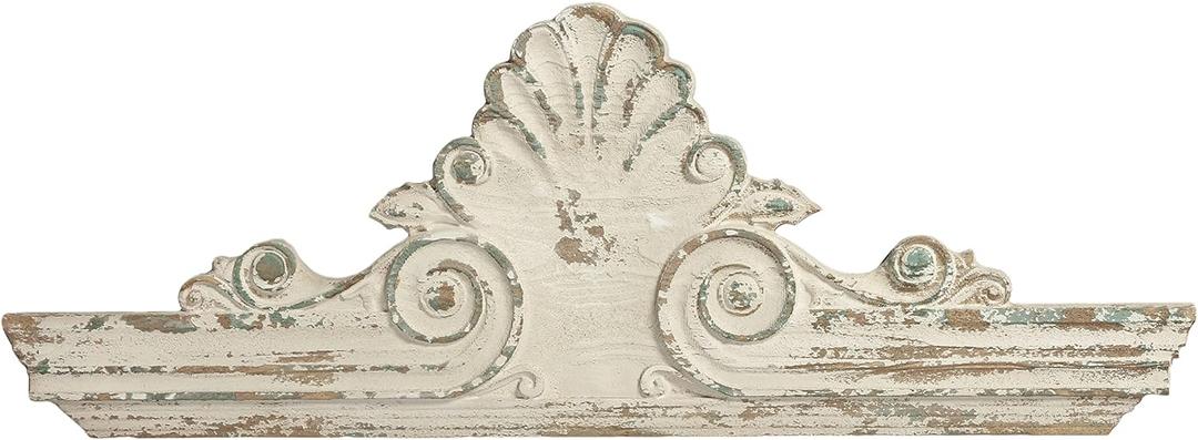 SOFE 33" Distressed White Finish Wooden Scroll Over The Door Decor, Large Decorative Wall Sculpture, Carved Wood Wall Art Hanging Window, Unique Wall Decor for Farmhouse Living Room Kitchen (16.7"L x 2.8"W, Shabby Chic White)