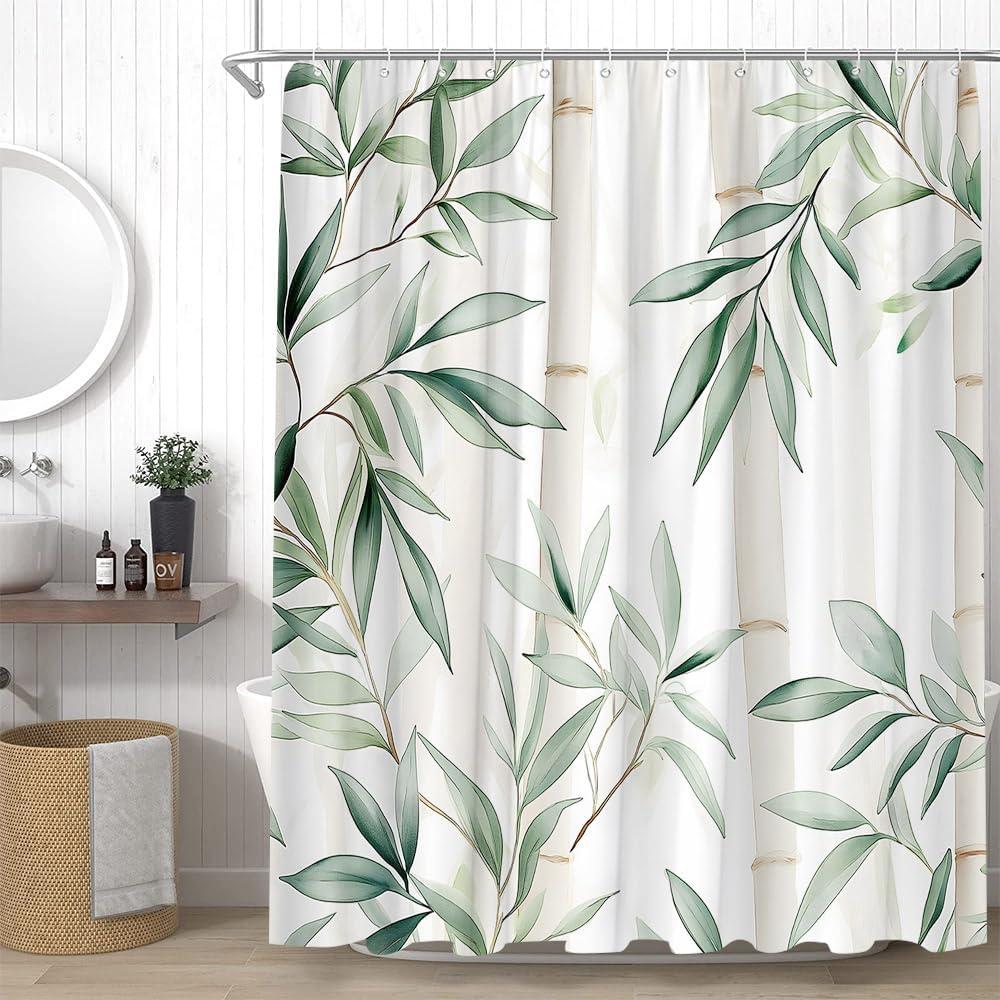 Bamboo Shower Curtain Green Leaves Plant Minimalist Bathroom Decor Curtains Set with Hooks, 70" W x 70" H