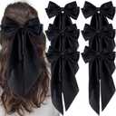 6Pcs Large Bows Hair Clips for Women Girls Long Tail Hair Ribbon Silky Satin Barrettes Coquette Hair Bows Accessories (Black)