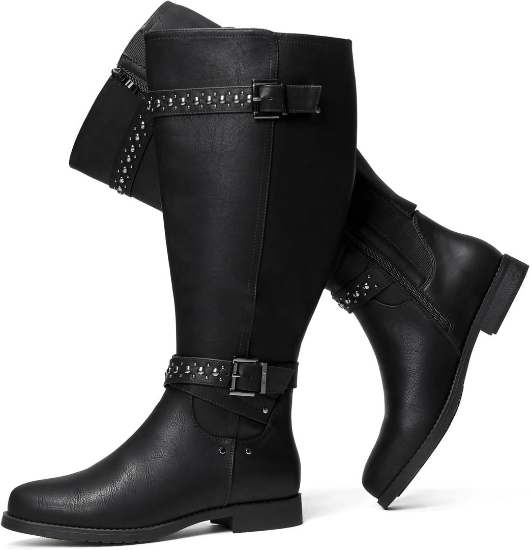 Luoika Women's Extra Wide Calf Knee High Boots, Chunky Low Heel Plus Size Boots Motocycle Ridding Boots. (Black216, Size 6)