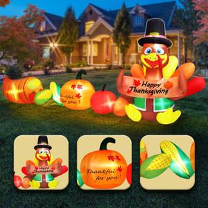 12FT Long Thanksgiving Inflatables Turkey Outdoor Decorations with Pumpkin Corn Built-in LEDs Giant Huge Blow Up Yard Decoration for Turkey Thanksgiving Day Holiday Party Lawn Garden