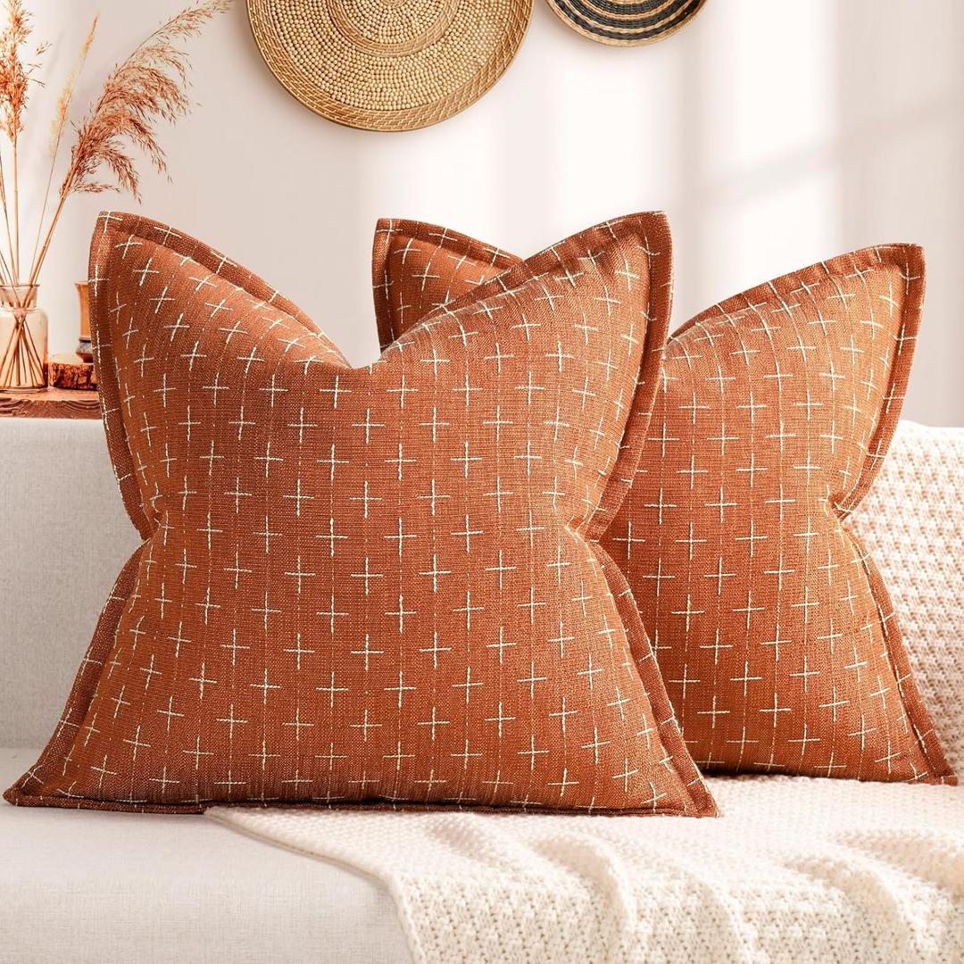 ZWJD Pillow Covers 24x24 Set of 2 Soft Fall Decor Polyester Textured Pillow Covers with Stylish Flange Edge Cozy Farmhouse Throw Pillows for Couch Bed Sofa Living Room (Burnt Orange)